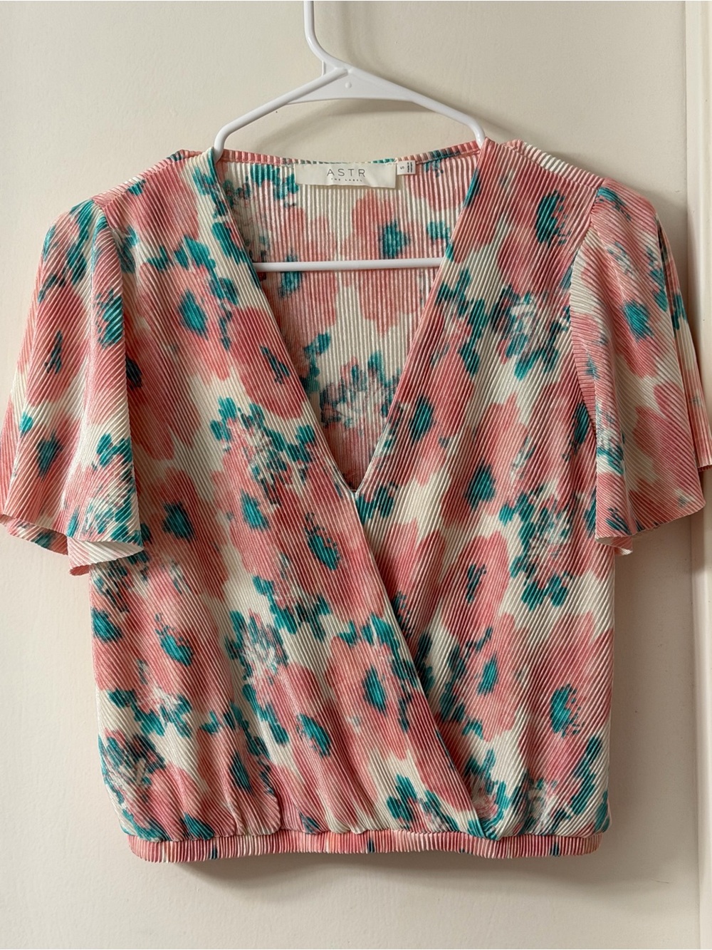 ASTR Pink and Teal Floral Wrap Blouse